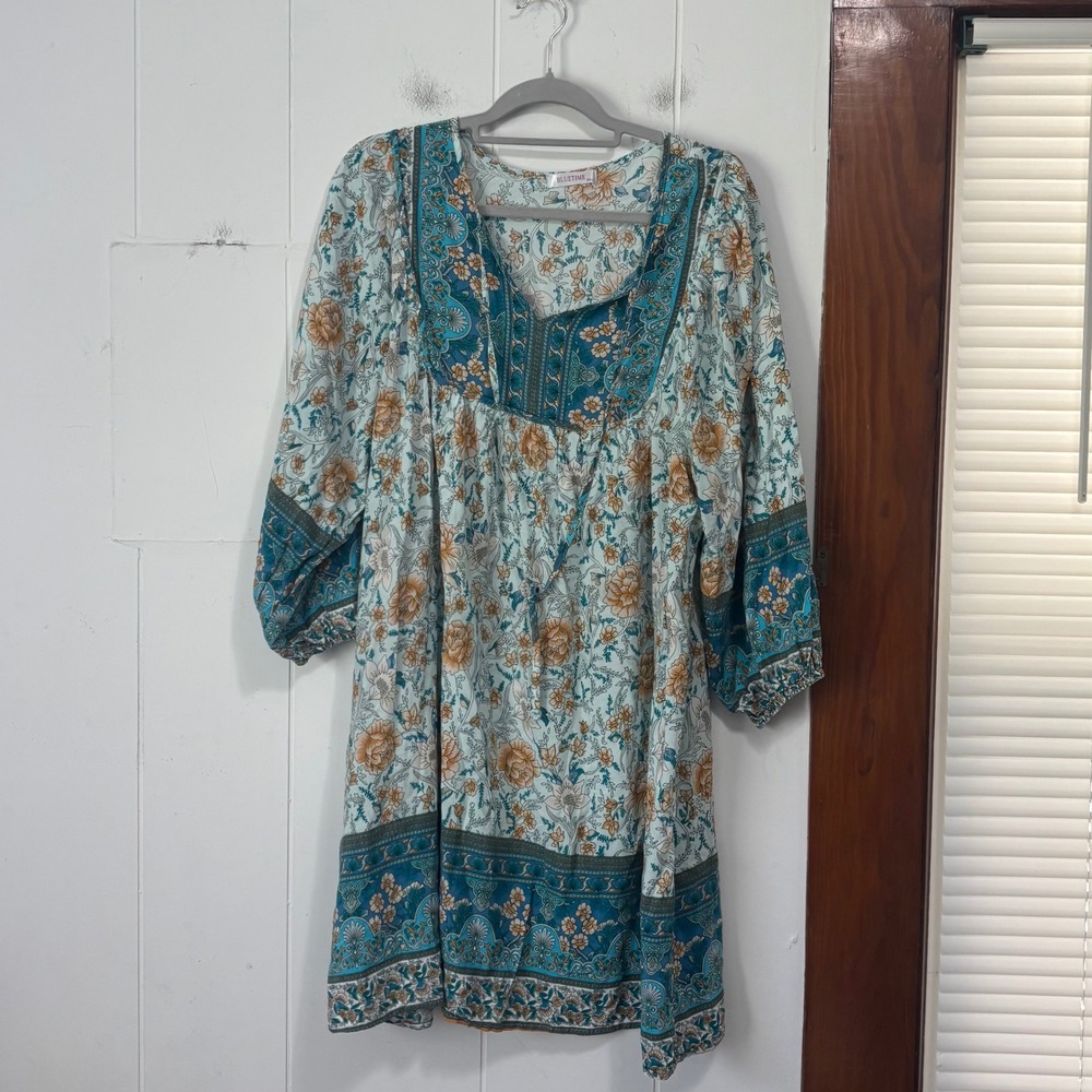 Bluetime Womens 2XL Boho Floral Paisley Babydoll Mini Dress 3/4 Sleeve Teal